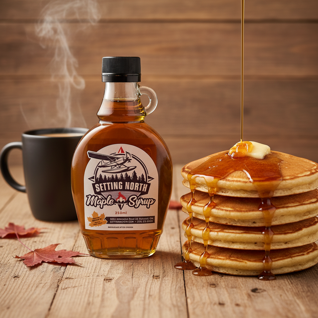 Setting North Maple Syrup 250ml beside pancakes and coffee